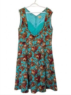 Lindy Bop Teal Floral Portrait Collar Swing Dress Sz 6XL Boho Retro 🌸